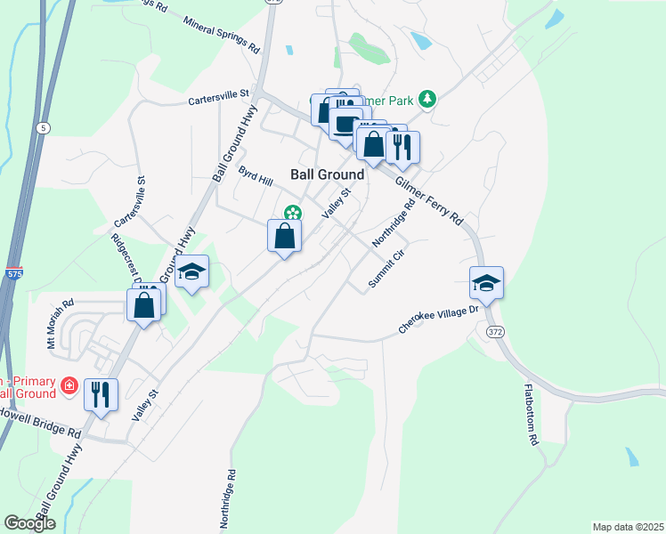 map of restaurants, bars, coffee shops, grocery stores, and more near 230 Lowry Street in Ball Ground