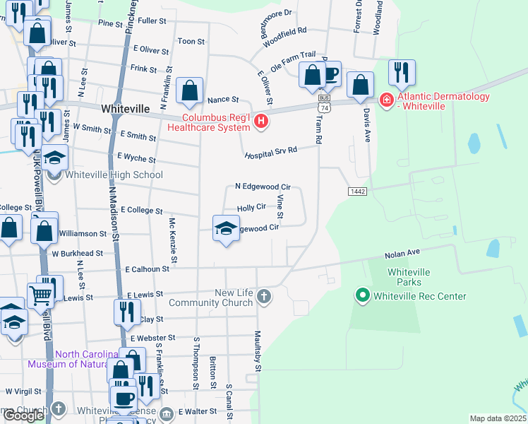 map of restaurants, bars, coffee shops, grocery stores, and more near 432 Holly Cir in Whiteville