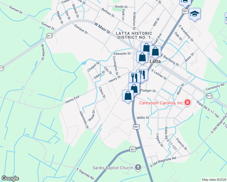 map of restaurants, bars, coffee shops, grocery stores, and more near 117 Charles Street in Latta