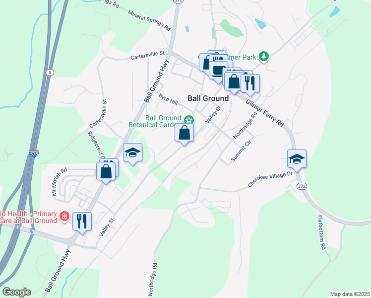 map of restaurants, bars, coffee shops, grocery stores, and more near 260 Valley Street in Ball Ground