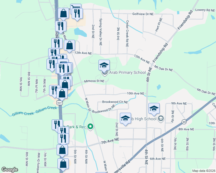 map of restaurants, bars, coffee shops, grocery stores, and more near 1006 Mimosa Street Northeast in Arab