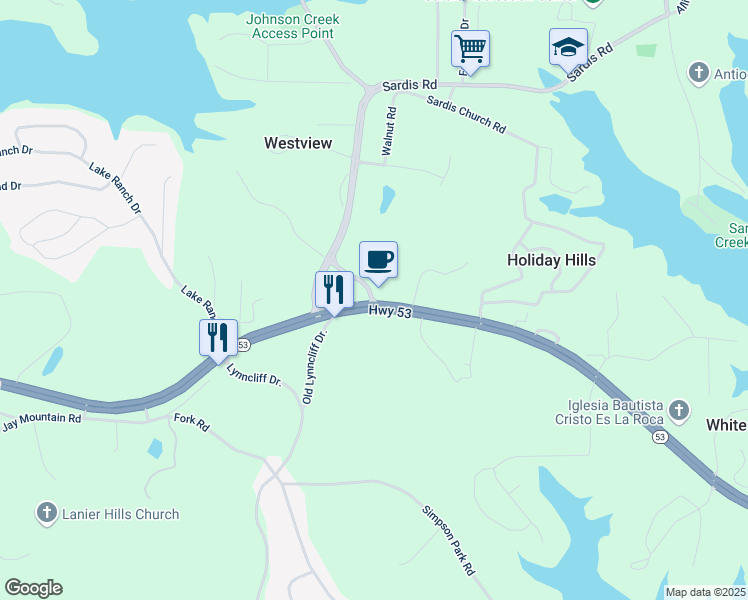 map of restaurants, bars, coffee shops, grocery stores, and more near Sardis Road in Gainesville