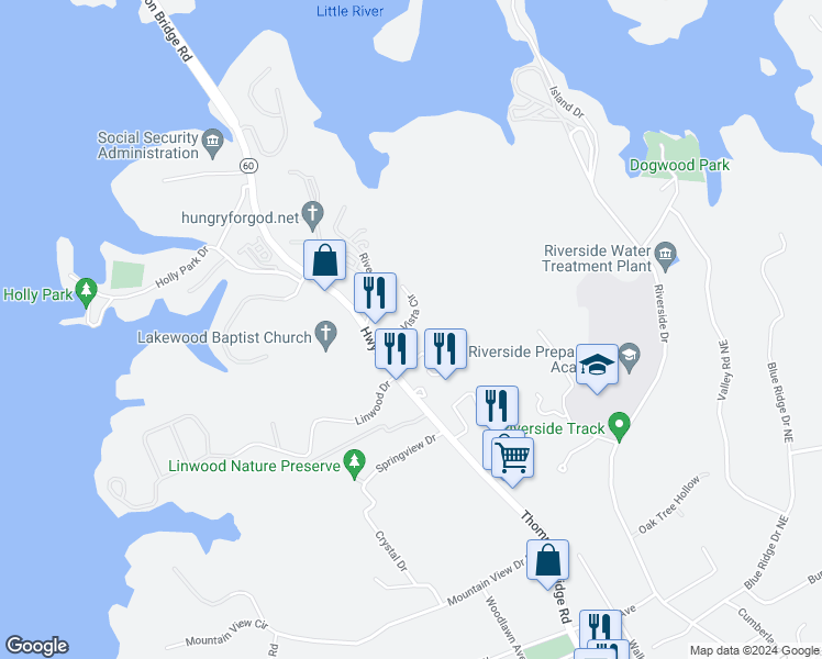 map of restaurants, bars, coffee shops, grocery stores, and more near 948 Etta Vista Circle in Gainesville