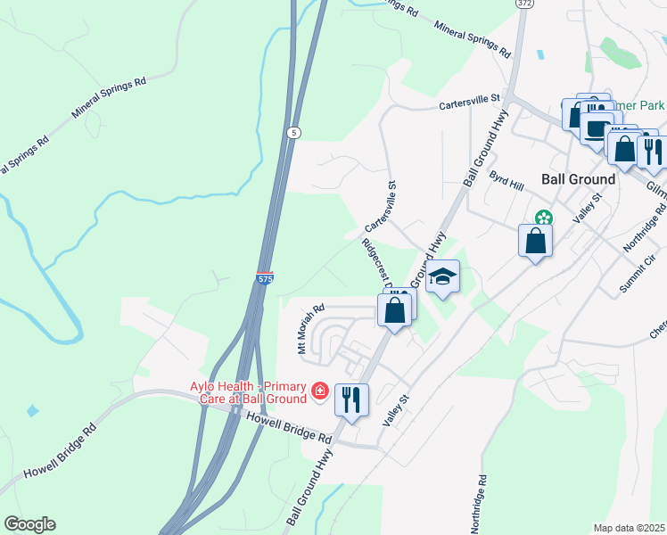 map of restaurants, bars, coffee shops, grocery stores, and more near 105 Lynwood Lane in Ball Ground