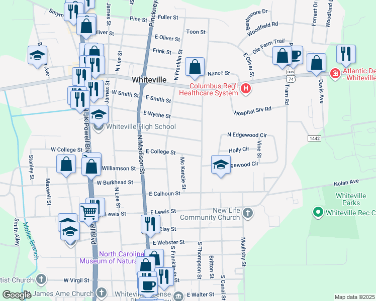 map of restaurants, bars, coffee shops, grocery stores, and more near 221 East College Street in Whiteville