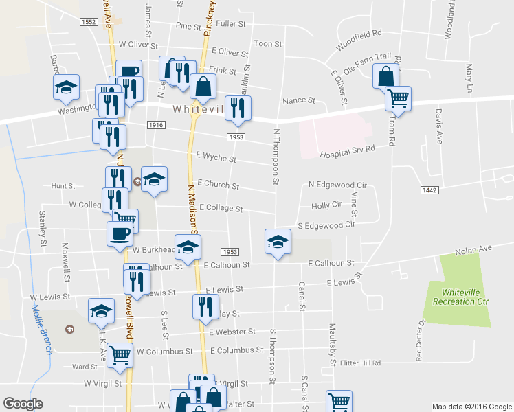 map of restaurants, bars, coffee shops, grocery stores, and more near 221 East College Street in Whiteville