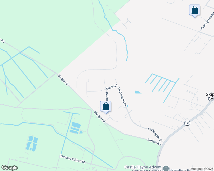 map of restaurants, bars, coffee shops, grocery stores, and more near 2800 Dirck Road in Castle Hayne
