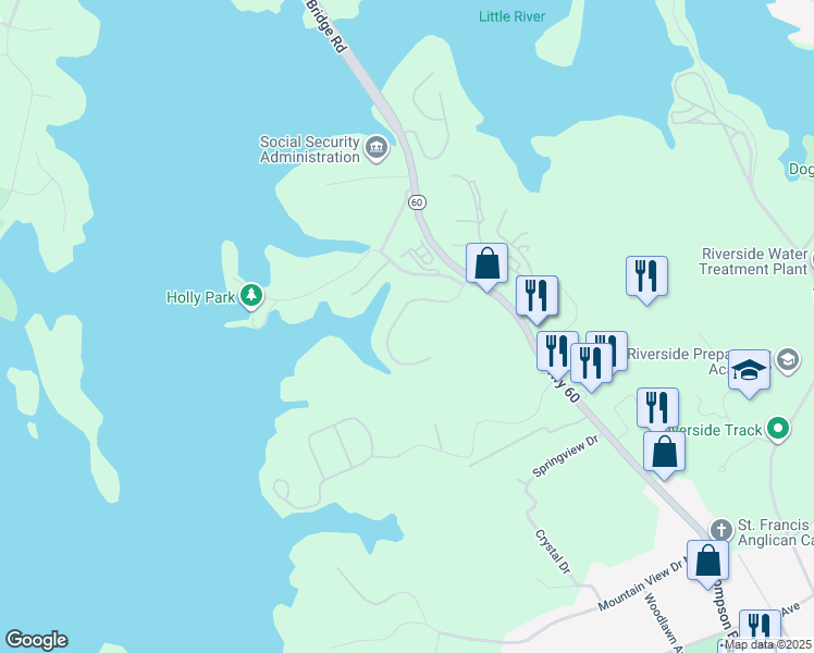 map of restaurants, bars, coffee shops, grocery stores, and more near 2419 Old Thompson Bridge Road in Gainesville