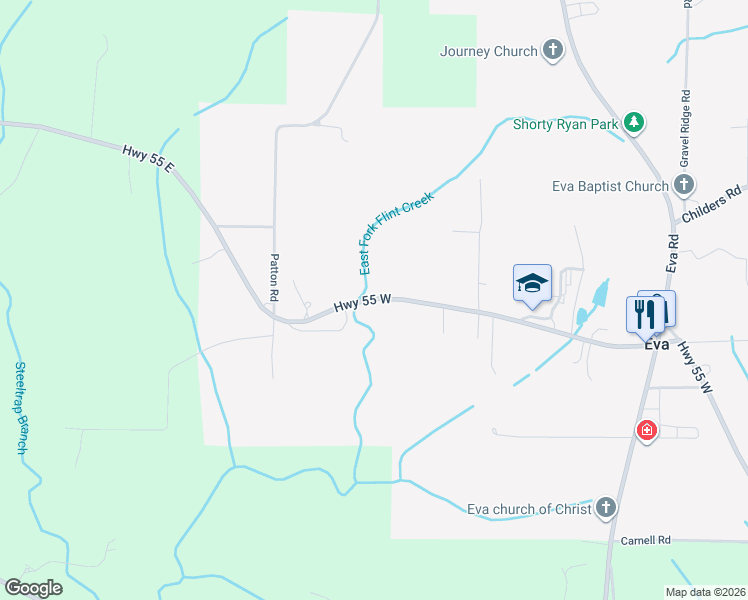 map of restaurants, bars, coffee shops, grocery stores, and more near 4157 County Road 55 in Eva