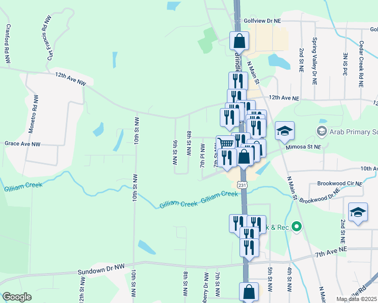 map of restaurants, bars, coffee shops, grocery stores, and more near 1005 7th Place Northwest in Arab
