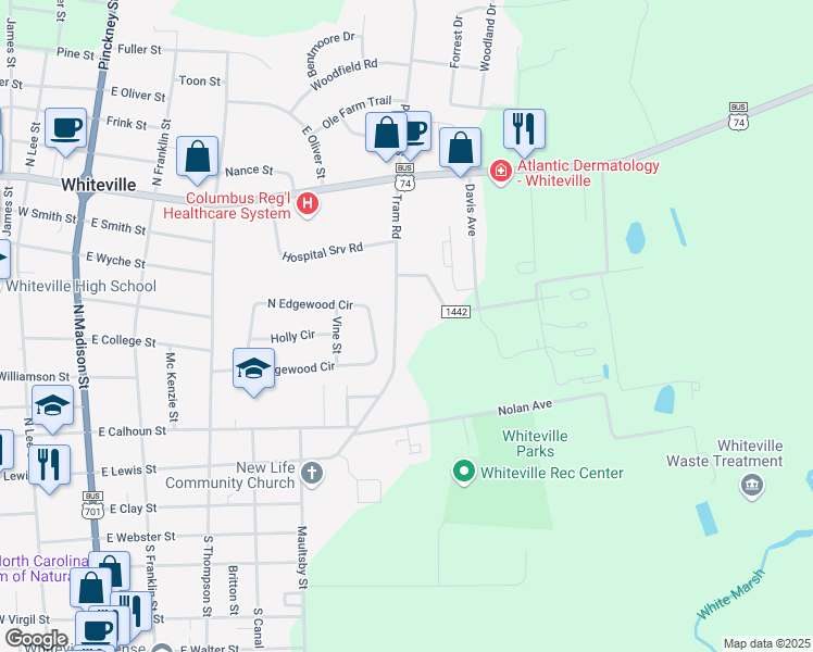 map of restaurants, bars, coffee shops, grocery stores, and more near 502 Tram Road in Whiteville