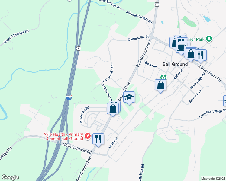 map of restaurants, bars, coffee shops, grocery stores, and more near 805 Cartersville Street in Ball Ground