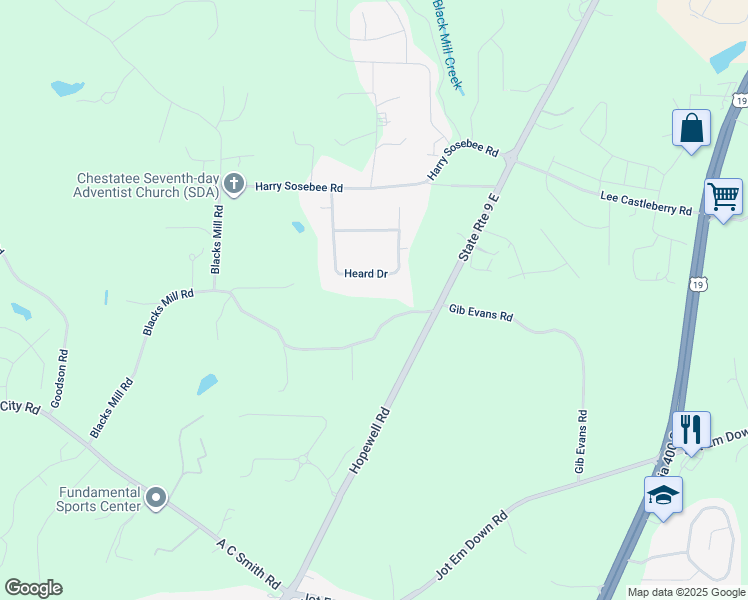 map of restaurants, bars, coffee shops, grocery stores, and more near 8165 Blacks Mill Road in Dawsonville