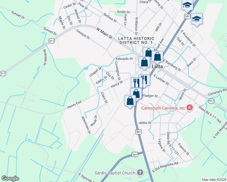 map of restaurants, bars, coffee shops, grocery stores, and more near 117 Charles Street in Latta