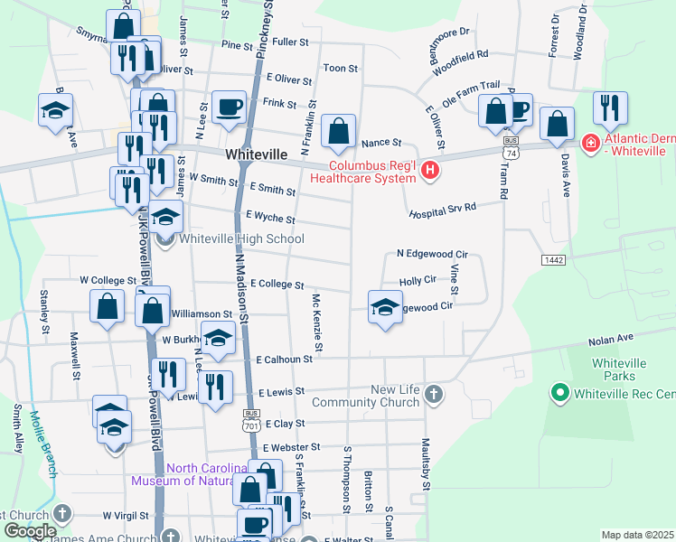 map of restaurants, bars, coffee shops, grocery stores, and more near 226 East Church Street in Whiteville