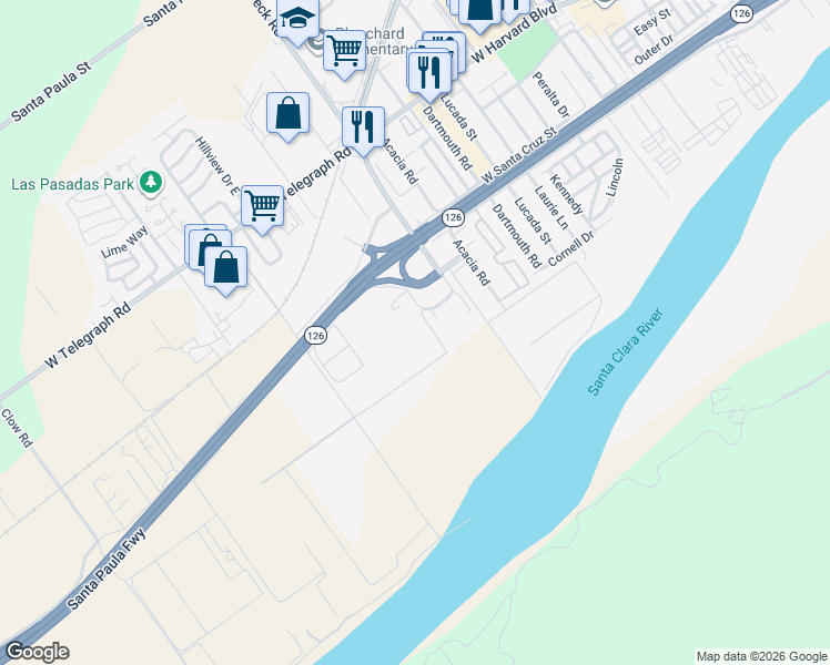 map of restaurants, bars, coffee shops, grocery stores, and more near 917 Corporation Street in Santa Paula