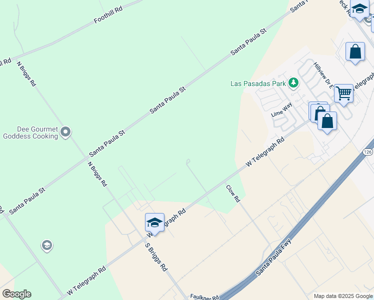 map of restaurants, bars, coffee shops, grocery stores, and more near 14835 West Telegraph Road in Santa Paula