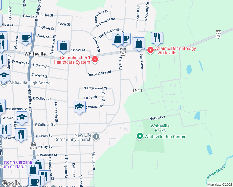 map of restaurants, bars, coffee shops, grocery stores, and more near 536 Edgewood Circle in Whiteville