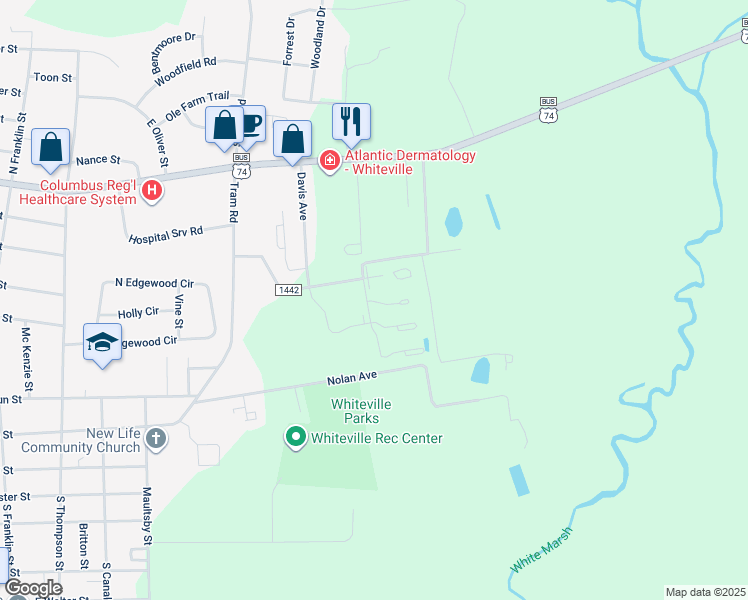 map of restaurants, bars, coffee shops, grocery stores, and more near 104 Knights Cove in Whiteville