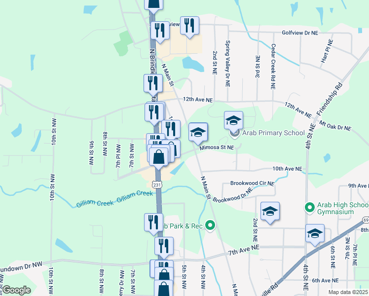 map of restaurants, bars, coffee shops, grocery stores, and more near 1077 North Main Street in Arab