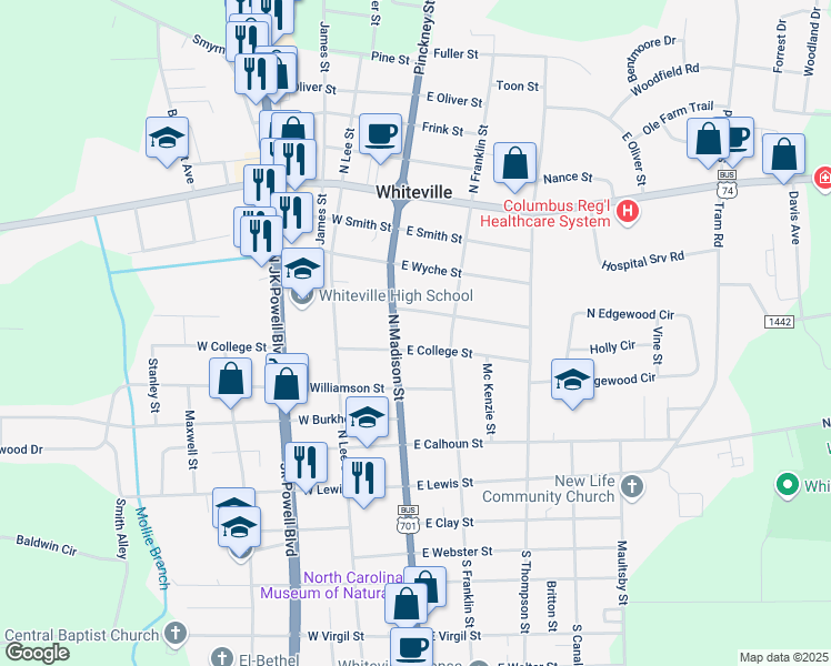 map of restaurants, bars, coffee shops, grocery stores, and more near in Whiteville