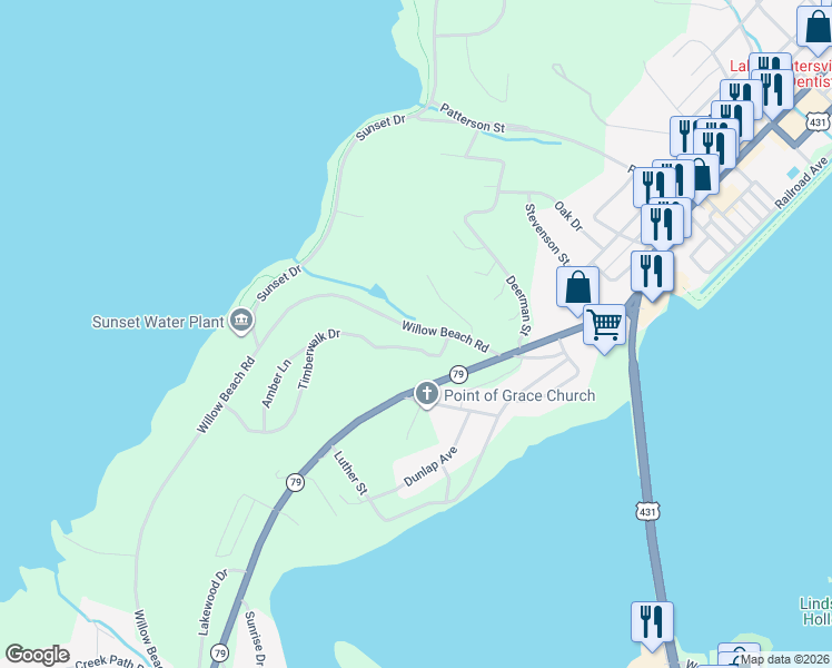 map of restaurants, bars, coffee shops, grocery stores, and more near 1483 Timberwalk Drive in Guntersville