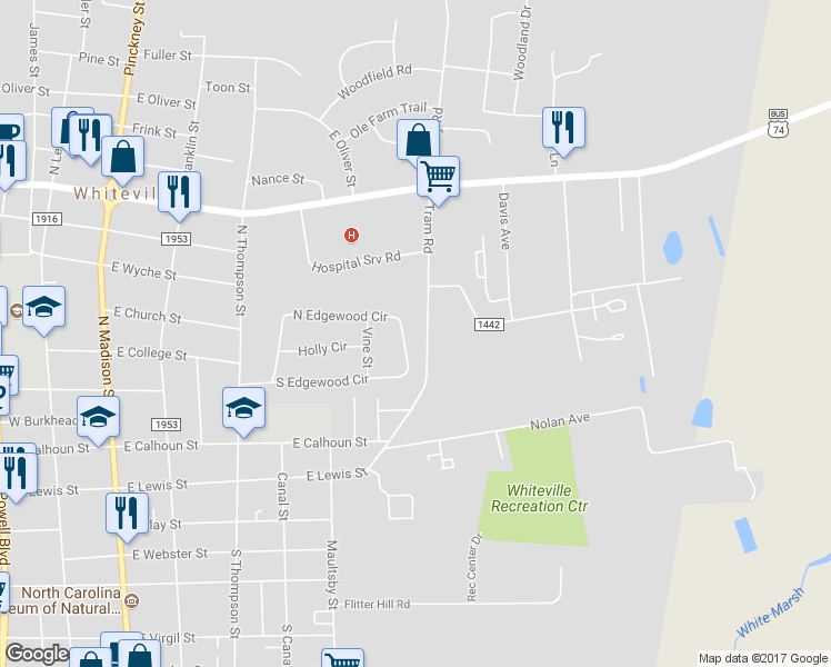 map of restaurants, bars, coffee shops, grocery stores, and more near 536 Edgewood Circle in Whiteville