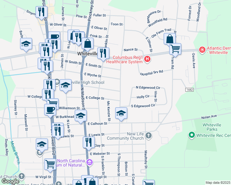 map of restaurants, bars, coffee shops, grocery stores, and more near 226 East Church Street in Whiteville