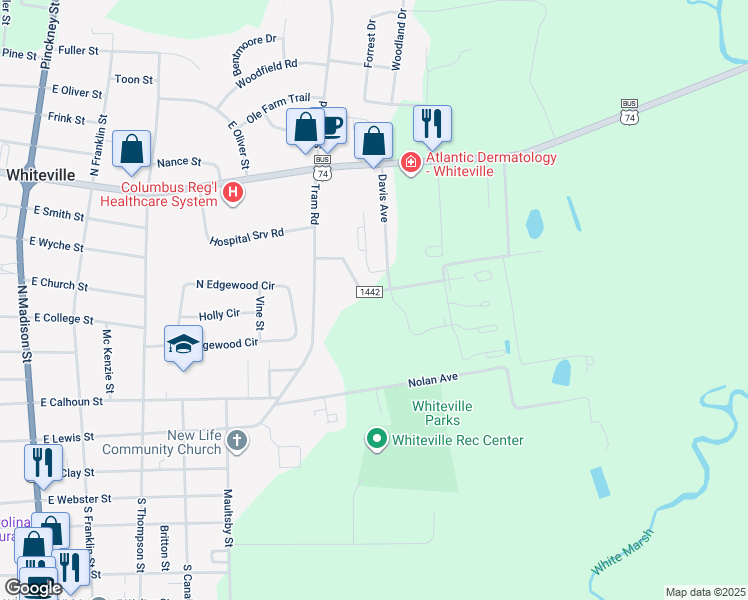map of restaurants, bars, coffee shops, grocery stores, and more near 640 Blue Jean Road in Whiteville