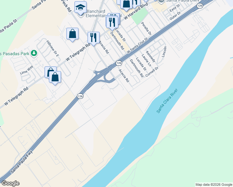 map of restaurants, bars, coffee shops, grocery stores, and more near 870 Corporation Street in Santa Paula