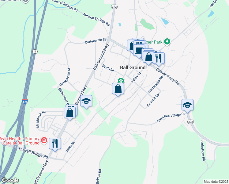 map of restaurants, bars, coffee shops, grocery stores, and more near 285 Old Canton Road in Ball Ground