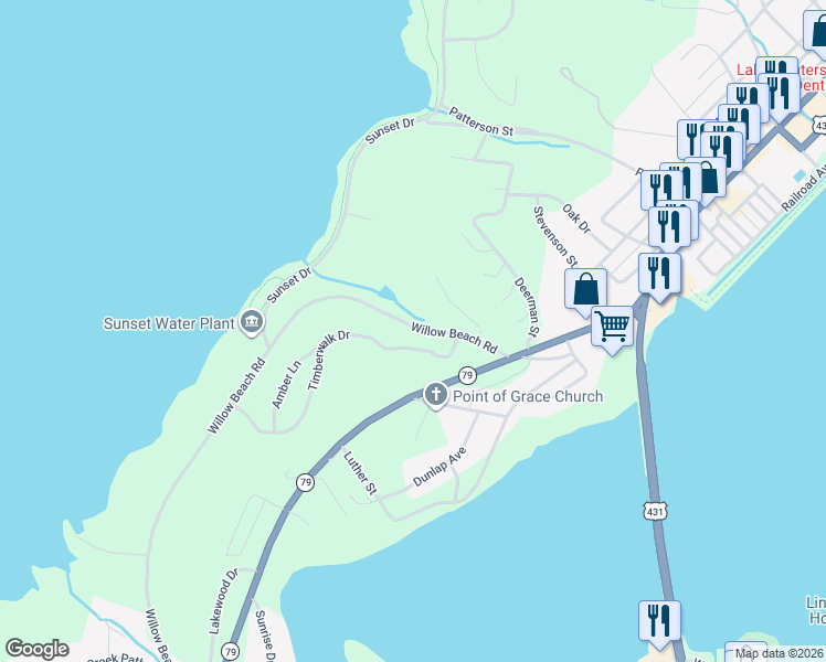 map of restaurants, bars, coffee shops, grocery stores, and more near 1483 Timberwalk Drive in Guntersville