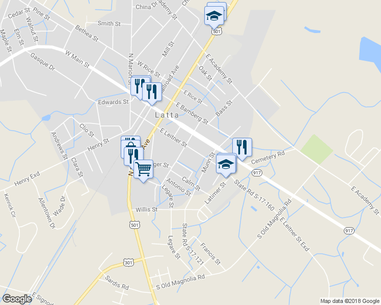 map of restaurants, bars, coffee shops, grocery stores, and more near 411 East Leitner Street in Latta