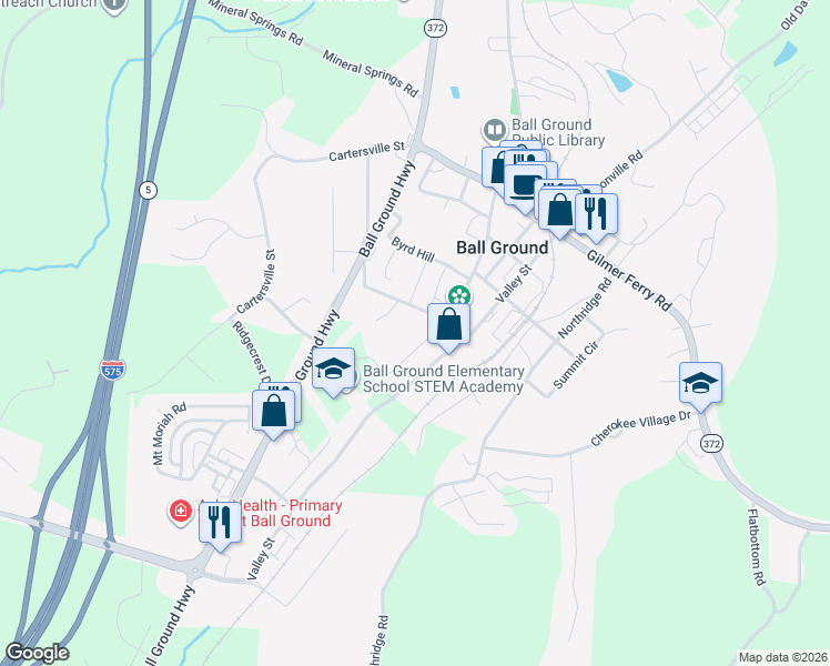 map of restaurants, bars, coffee shops, grocery stores, and more near 285 Old Canton Road in Ball Ground