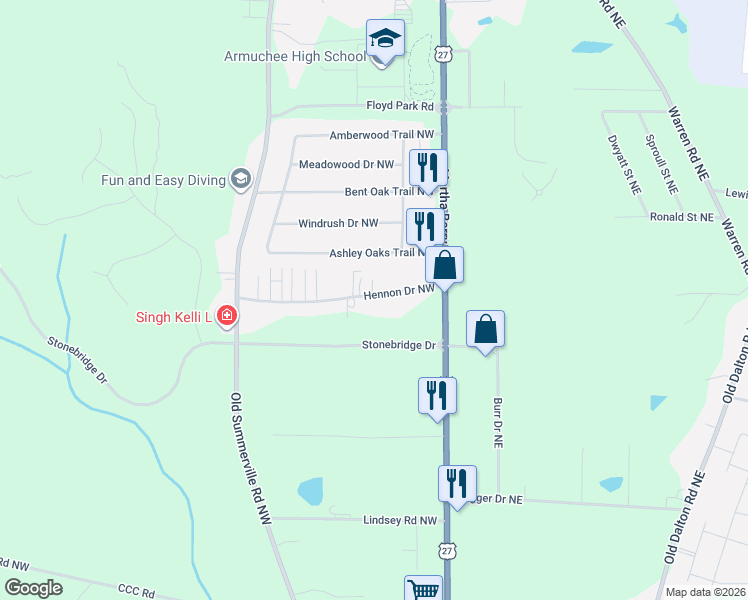 map of restaurants, bars, coffee shops, grocery stores, and more near 120 Hennon Drive Northwest in Rome