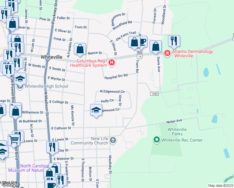 map of restaurants, bars, coffee shops, grocery stores, and more near 605 North Edgewood Circle in Whiteville