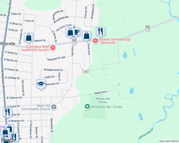 map of restaurants, bars, coffee shops, grocery stores, and more near 640 Blue Jean Road in Whiteville
