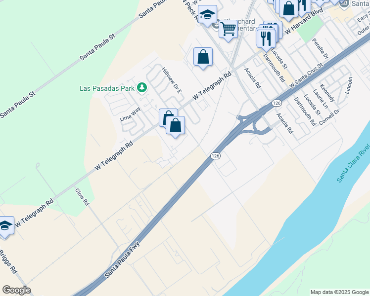 map of restaurants, bars, coffee shops, grocery stores, and more near 411 Beckwith Road in Santa Paula