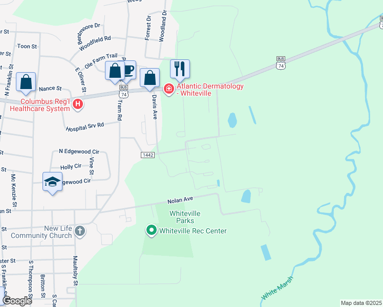 map of restaurants, bars, coffee shops, grocery stores, and more near 102 Knights Cove in Whiteville