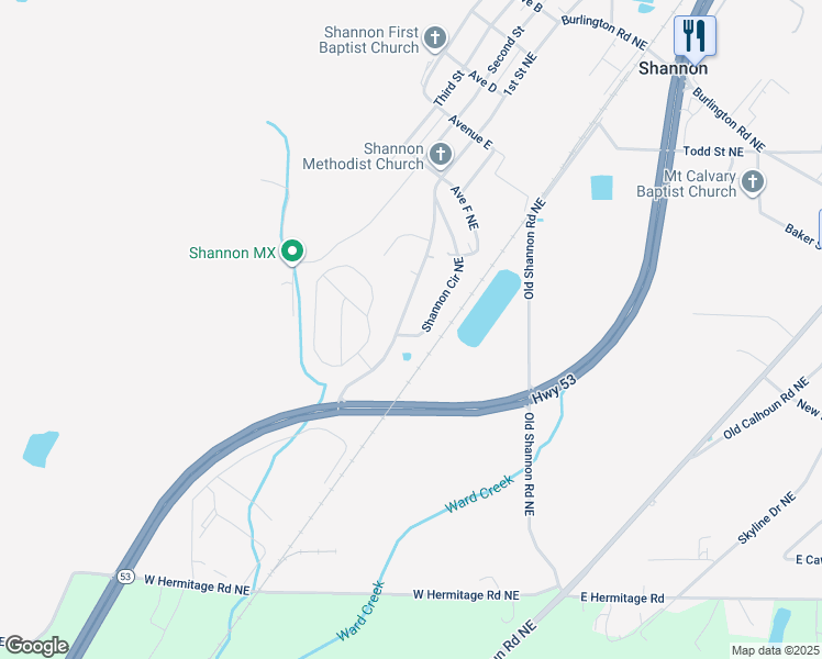 map of restaurants, bars, coffee shops, grocery stores, and more near 818 Shannon Circle Northeast in Rome