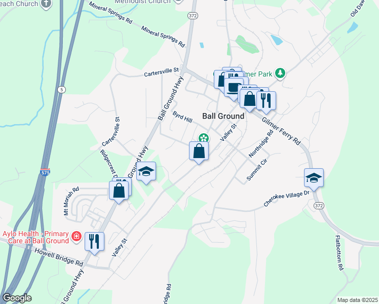 map of restaurants, bars, coffee shops, grocery stores, and more near 285 Old Canton Road in Ball Ground