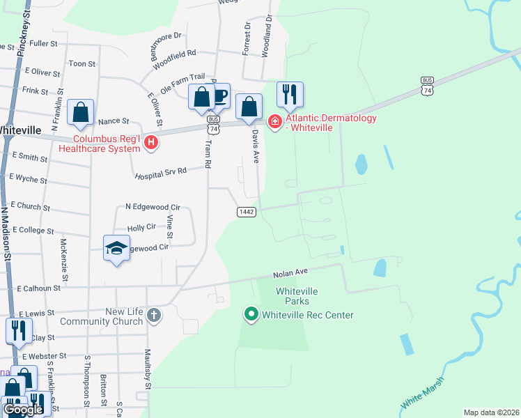 map of restaurants, bars, coffee shops, grocery stores, and more near 120 Davis Avenue in Whiteville