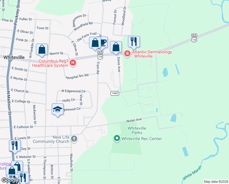 map of restaurants, bars, coffee shops, grocery stores, and more near 120-714 Davis Avenue in Whiteville