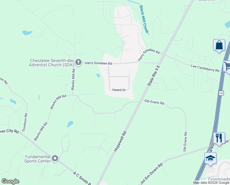 map of restaurants, bars, coffee shops, grocery stores, and more near 238 Heard Drive in Dawsonville