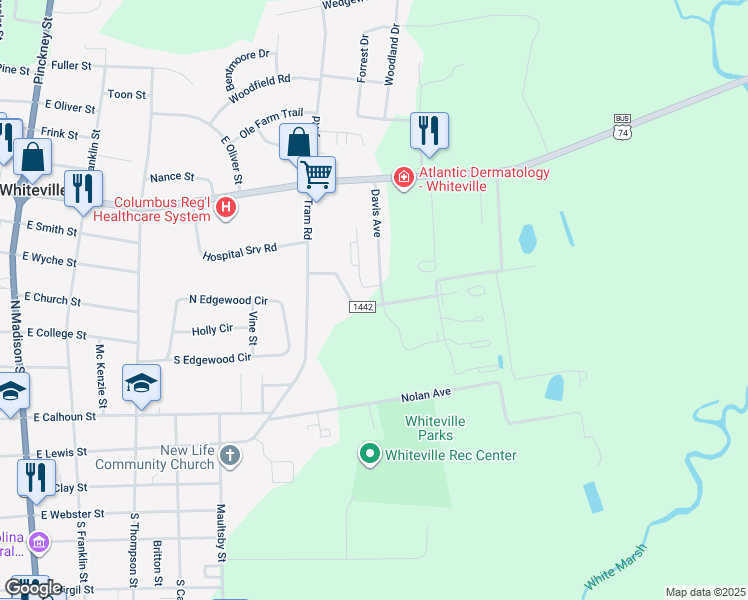 map of restaurants, bars, coffee shops, grocery stores, and more near 601 Davis Avenue in Whiteville