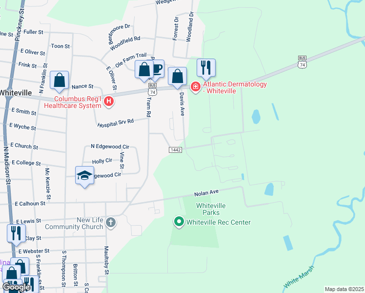 map of restaurants, bars, coffee shops, grocery stores, and more near 601 Davis Avenue in Whiteville
