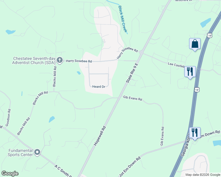 map of restaurants, bars, coffee shops, grocery stores, and more near 352 Heard Drive in Dawsonville