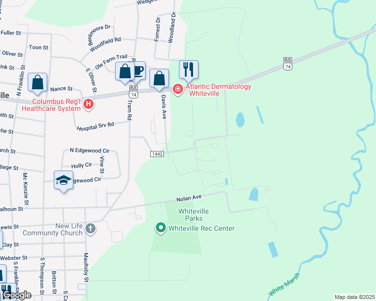 map of restaurants, bars, coffee shops, grocery stores, and more near 720 Blue Jean Road in Whiteville