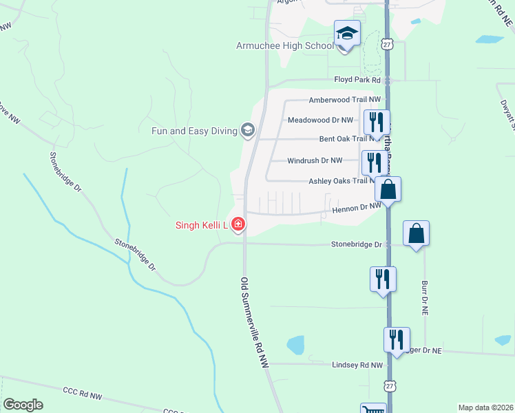map of restaurants, bars, coffee shops, grocery stores, and more near 220 Hennon Drive Northwest in Rome