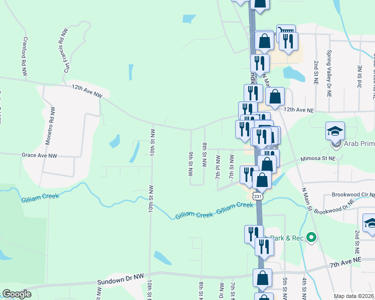 map of restaurants, bars, coffee shops, grocery stores, and more near 1021 9th Street Northwest in Arab